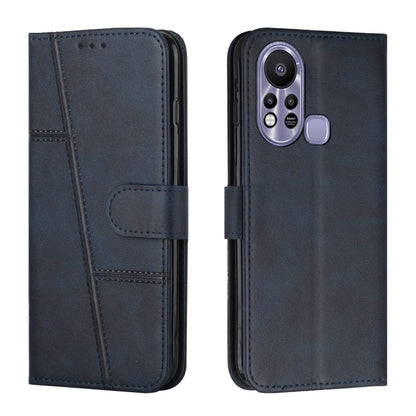 Dark blue leather phone wallet case with stitching, front flap and buckle, camera cutout