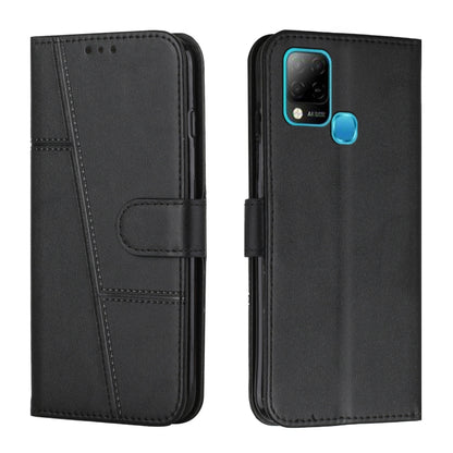 Black leather folio phone case with camera cutout and blue side accessory button.