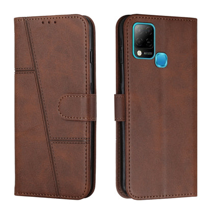 Brown leather flip phone case with calf texture, stitched seams, and buckle strap