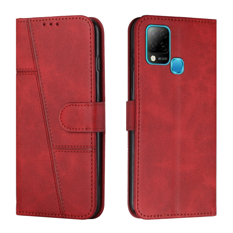 Red leather flip phone case with stitched panels, buckle strap, card holder, camera cutout