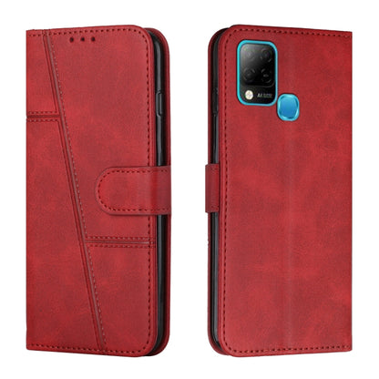 Red leather flip phone case with stitched panels, buckle strap, card holder, camera cutout