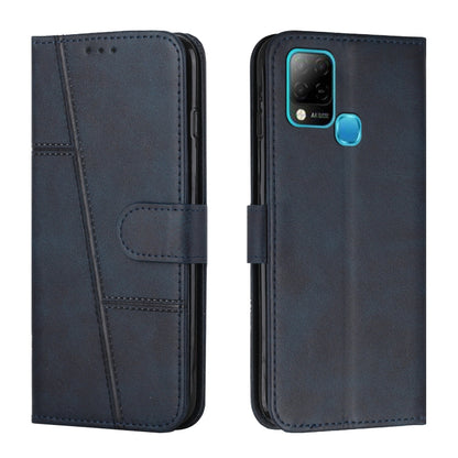 Dark blue leather phone wallet case with stitching, front flap and buckle, camera cutout