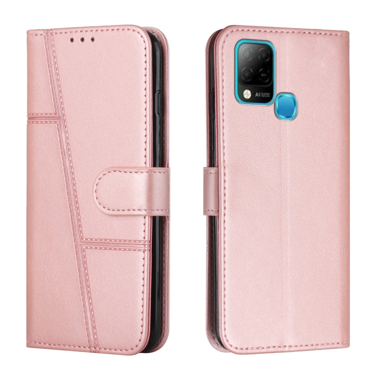 Pink leather flip phone case with stitched panels and foldover strap, camera cutout