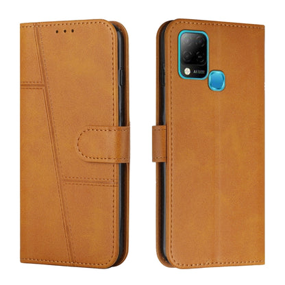 Tan leather wallet phone case with buckle strap and stitched texture, camera cutout and side opening