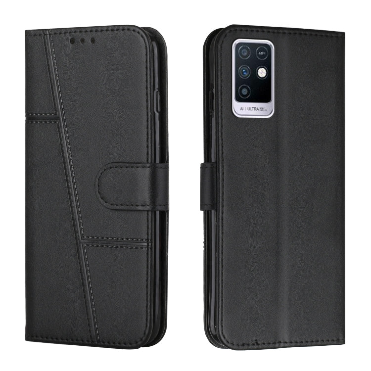 Black leather flip phone case with stitched design, card slot, and rear camera cutout.