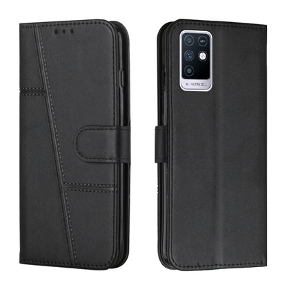 Black leather flip phone case with stitched design, card slot, and rear camera cutout.