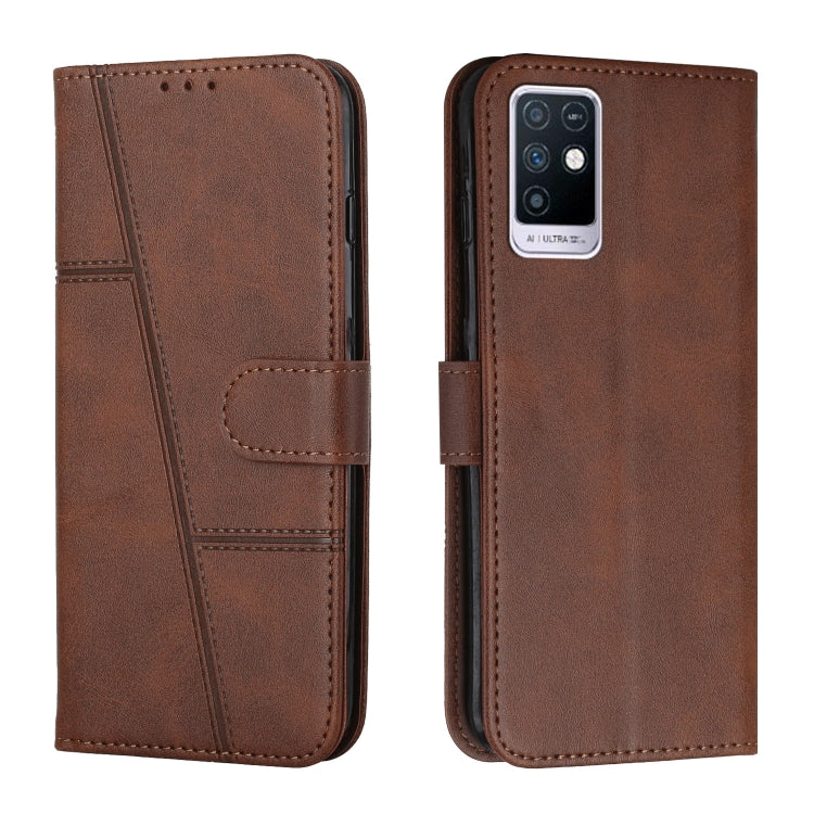 Brown leather flip phone case with calf texture stitching and buckle, back camera cutout