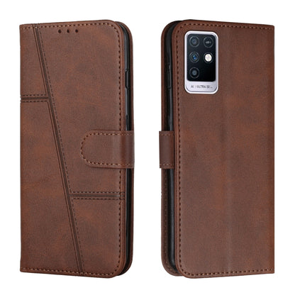 Brown leather flip phone case with calf texture stitching and buckle, back camera cutout