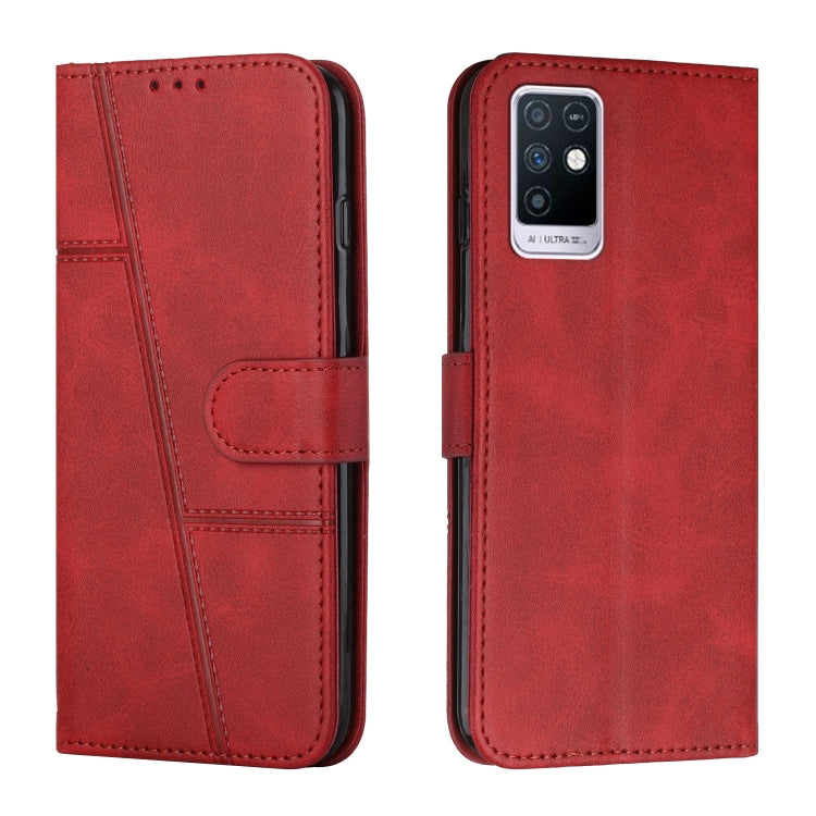 Red leather flip phone case with stitched panels, buckle strap, card holder, camera cutout