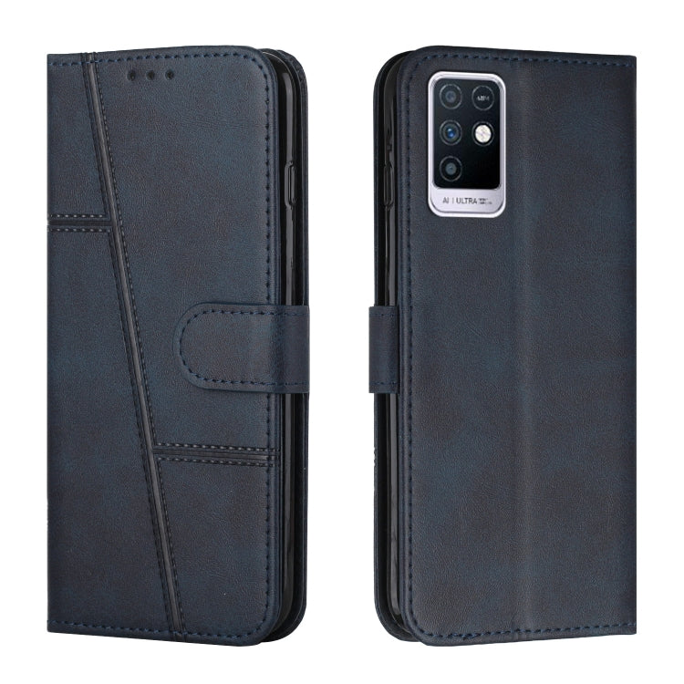 Dark blue leather wallet phone case with buckle, stitched panels, and front card pocket.