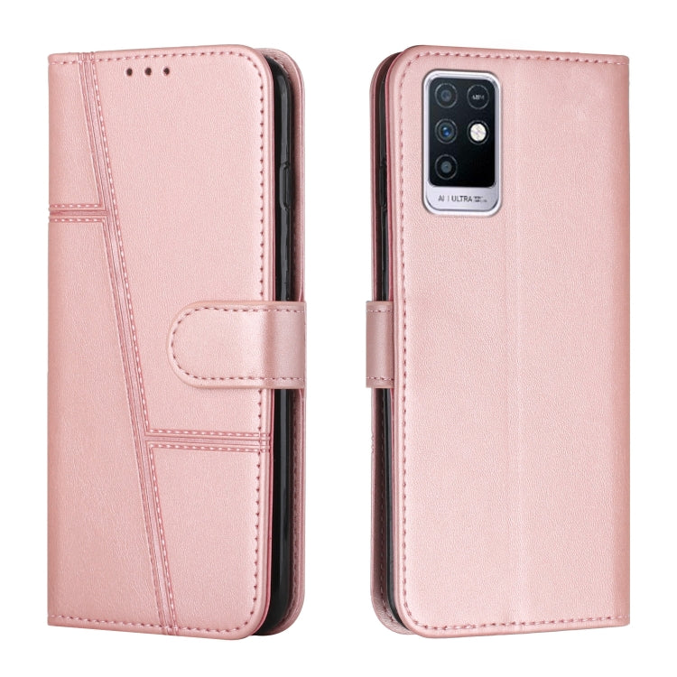 Pink leather flip phone case with stitched panels and foldover strap, rear camera window