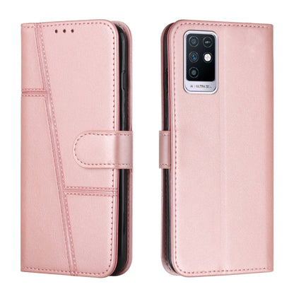 Pink leather flip phone case with stitched panels and foldover strap, rear camera window