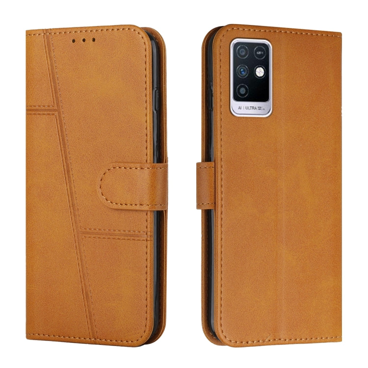 Tan leather wallet phone case with buckle strap and stitched calf texture, camera cutout