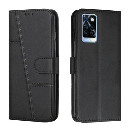 Black leather folio phone case with stitched edges, card slot, and camera window.