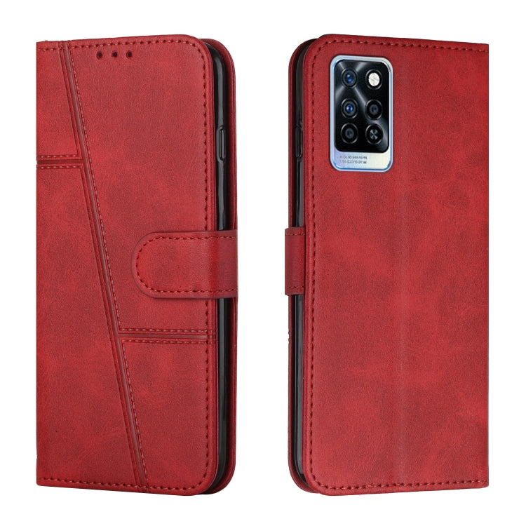 Red leather flip phone case with stitched panels, buckle strap, card holder, camera cutout