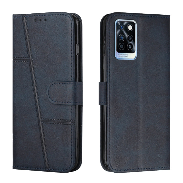 Dark blue leather wallet phone case with buckle and camera cutout, stitched side panels.