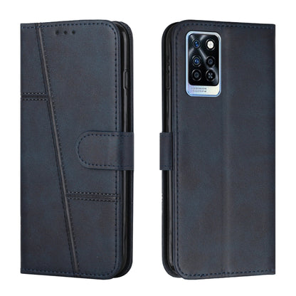 Dark blue leather wallet phone case with buckle and camera cutout, stitched side panels.