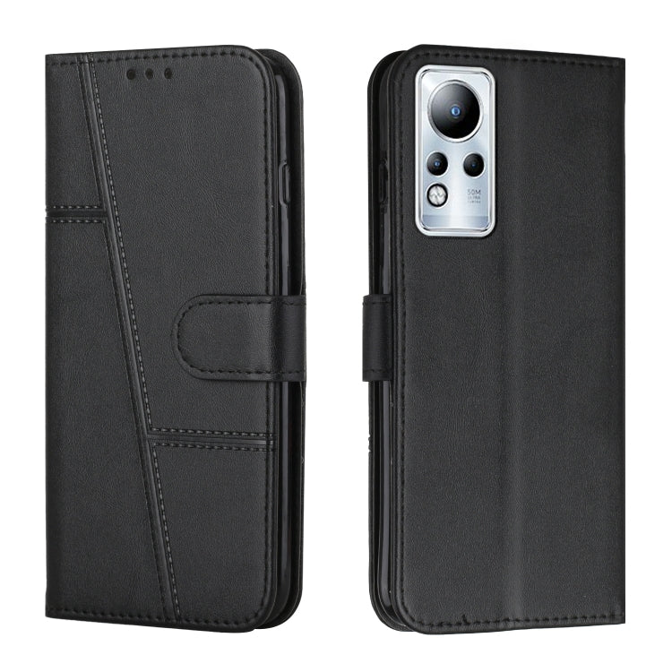 Black leather flip phone case with stitched panels, card slot, and rear camera cutout.