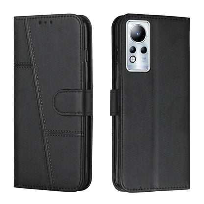 Black leather flip phone case with stitched panels, card slot, and rear camera cutout.