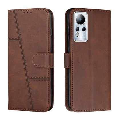 Brown leather flip phone case with calf texture, stitched seams, and buckle closure