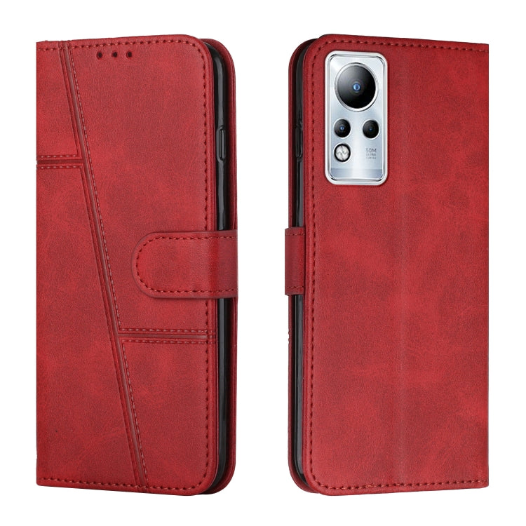 Red leather phone wallet case with stitching seams, front flap and buckle, card pocket