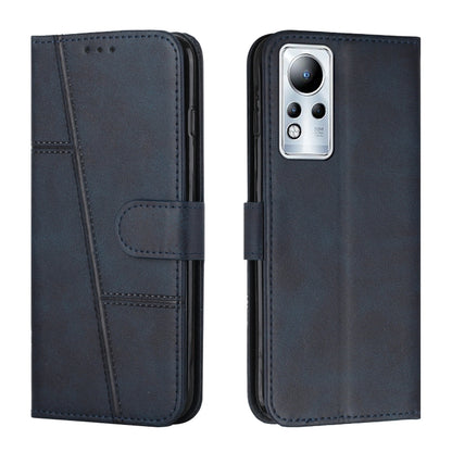 Dark blue leather wallet phone case with buckle, front flap pocket, and single camera cutout.