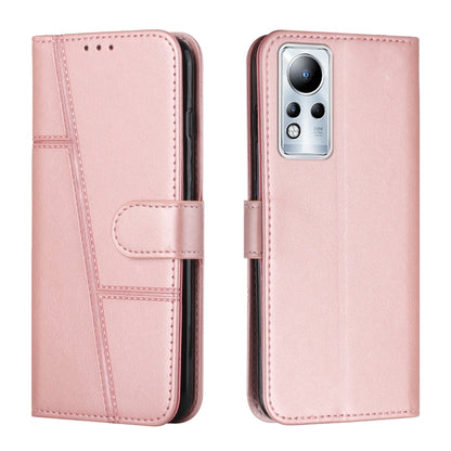 Pink leather flip phone case with stitched panels and foldover strap, with camera opening
