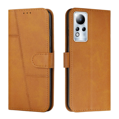 Tan leather wallet phone case with buckle strap and stitched calf texture, single-lens camera cutout