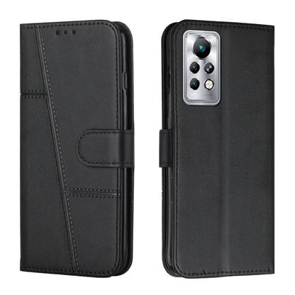 Black leather folio phone case with camera cutout, flash area, and slim card slot.