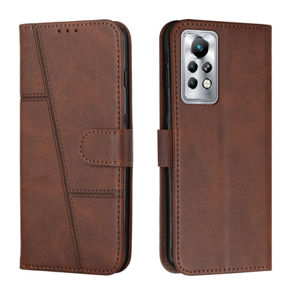 Brown leather flip phone case with calf texture stitching, buckle tab, and camera opening