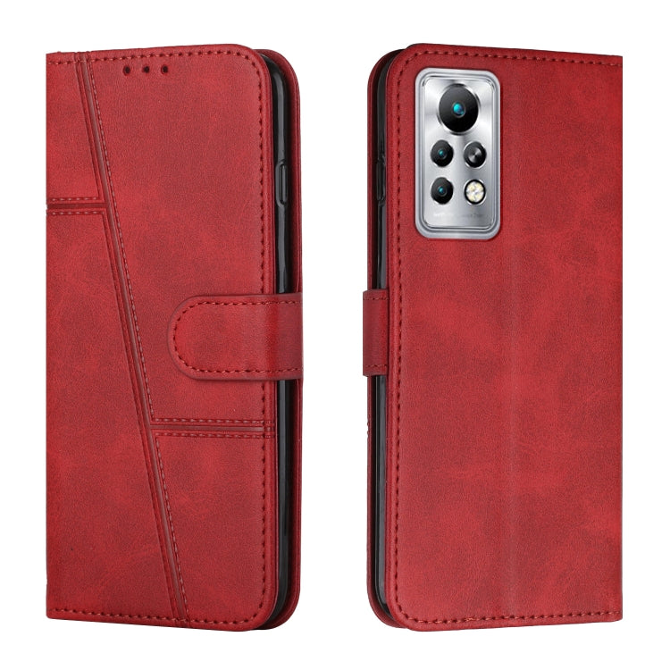 Red leather phone wallet case with stitching, front flap and buckle, camera cutout