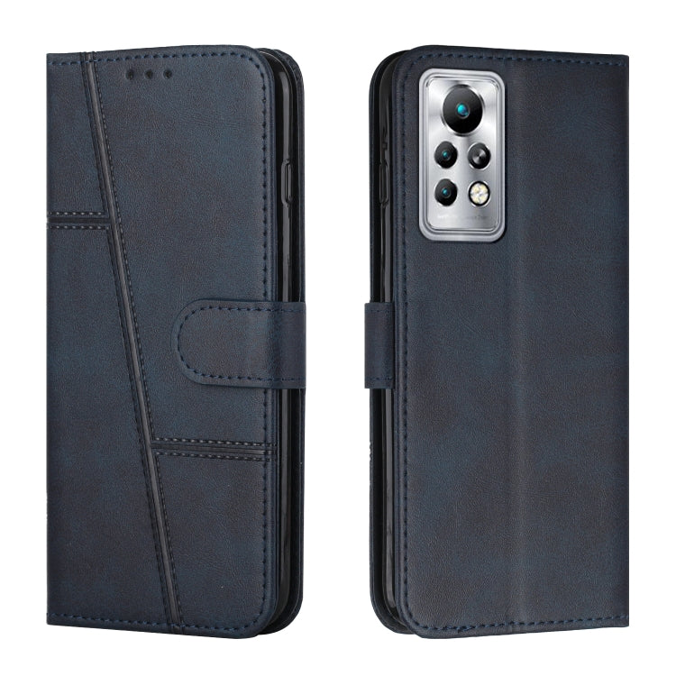 Dark blue leather wallet phone case with buckle, stitched trim, and multi-camera cutout.