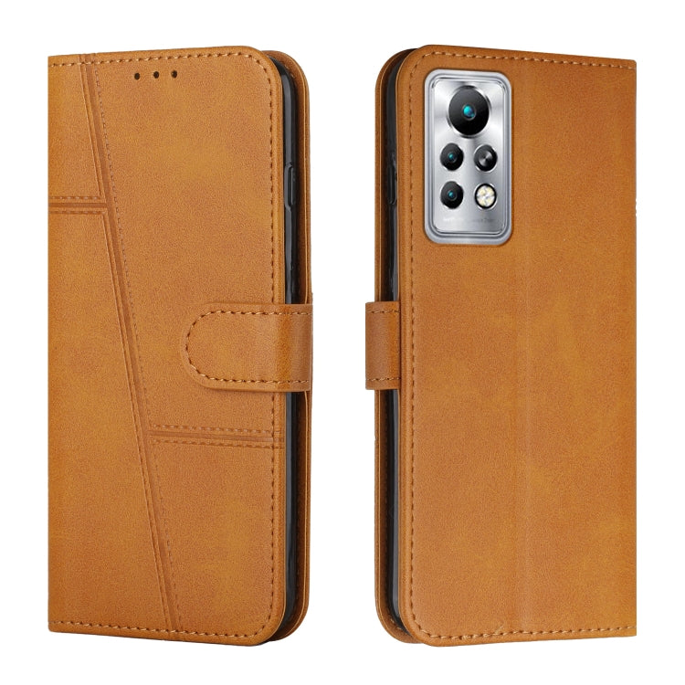 Tan leather wallet phone case with buckle strap and stitched calf texture, triple-camera cutout