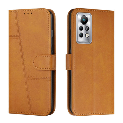Tan leather wallet phone case with buckle strap and stitched calf texture, triple-camera cutout