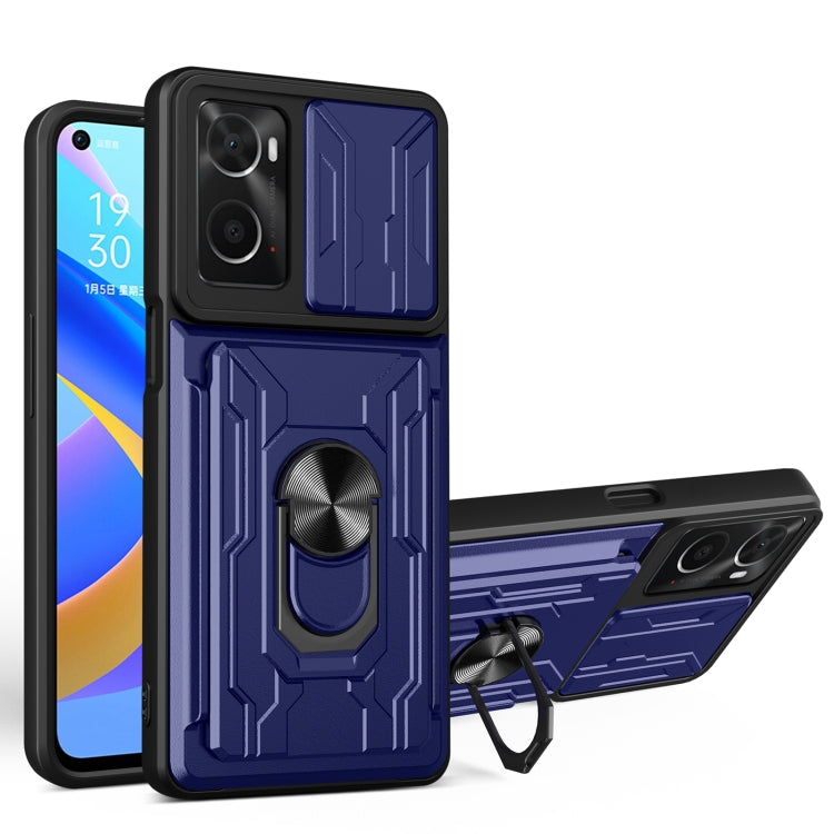 Sliding card phone case with sapphire blue rugged shell and ring stand