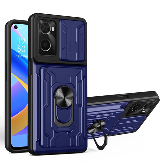 Sliding card phone case with sapphire blue rugged shell and ring stand