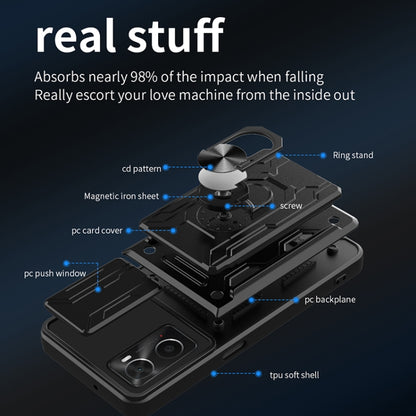 Rugged sliding card phone case cross-section showing ring stand and shell layers