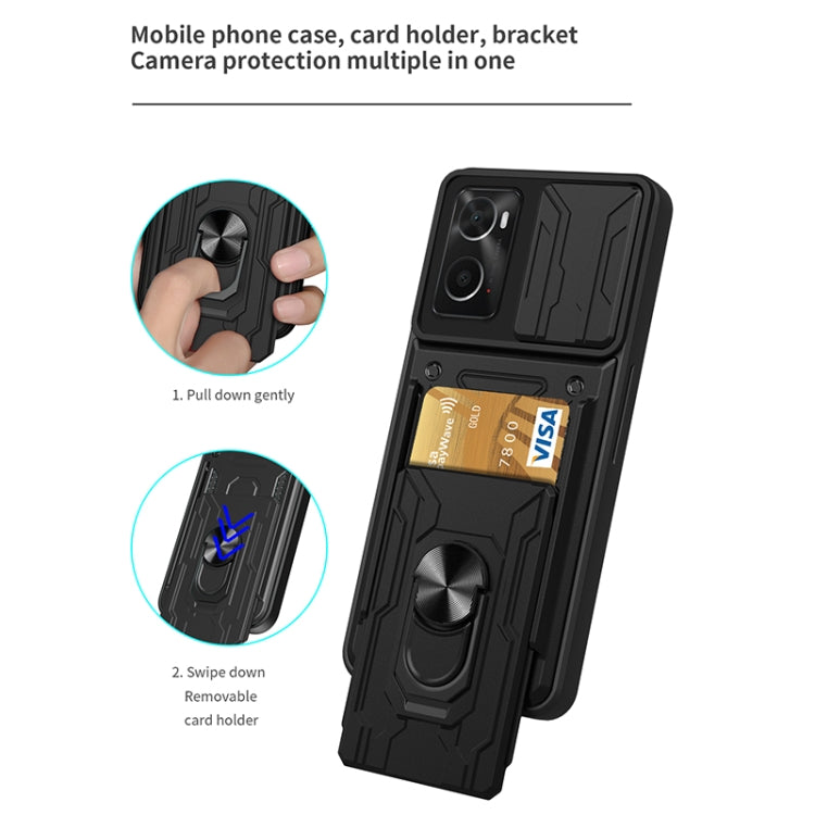 Black sliding card phone case with card holder window and ring stand