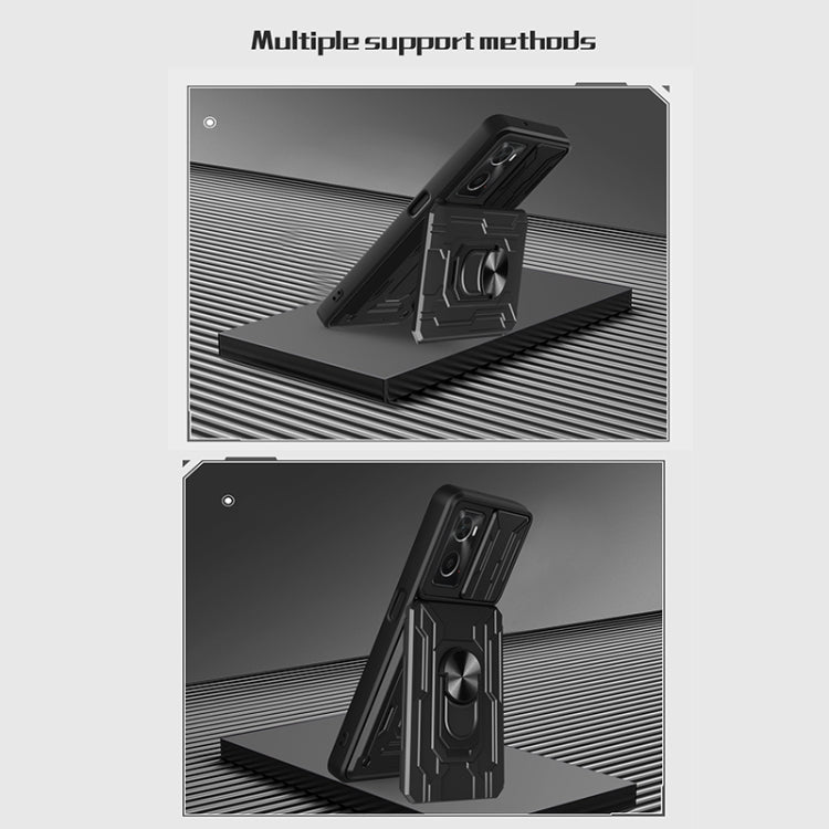 Black sliding card phone case with ring stand shown in supported positions