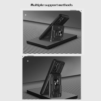 Black sliding card phone case with ring stand shown in supported positions