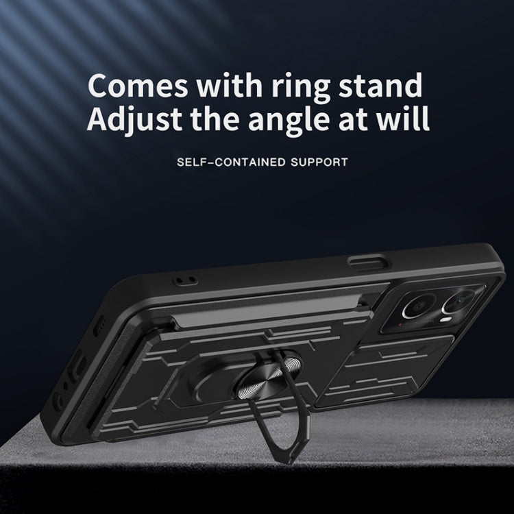 Black sliding card phone case with adjustable ring stand for viewing angles