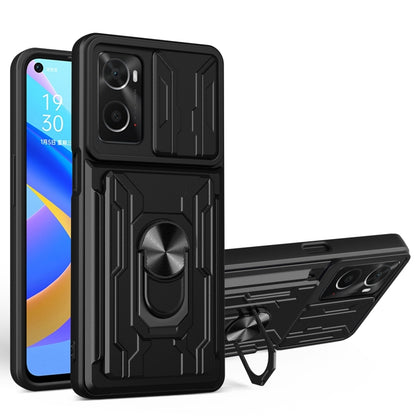 Black sliding card phone case with ring stand and rugged geometric pattern