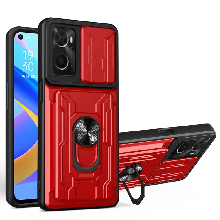 Sliding card phone case in red with ring stand and rugged armor pattern