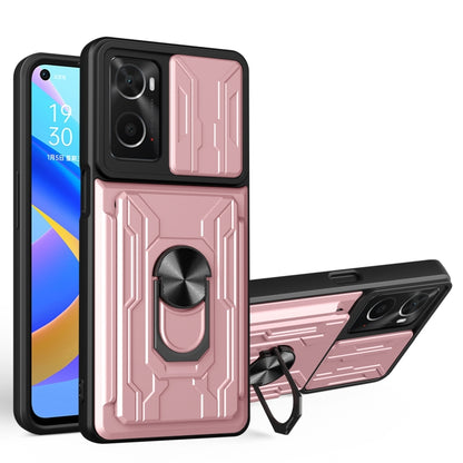 Sliding card phone case in rose pink with ring stand and rugged geometric pattern