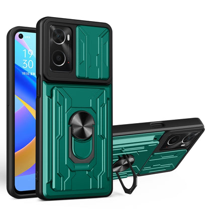 Green sliding card phone case with armored pattern, circular grip, and kickstand