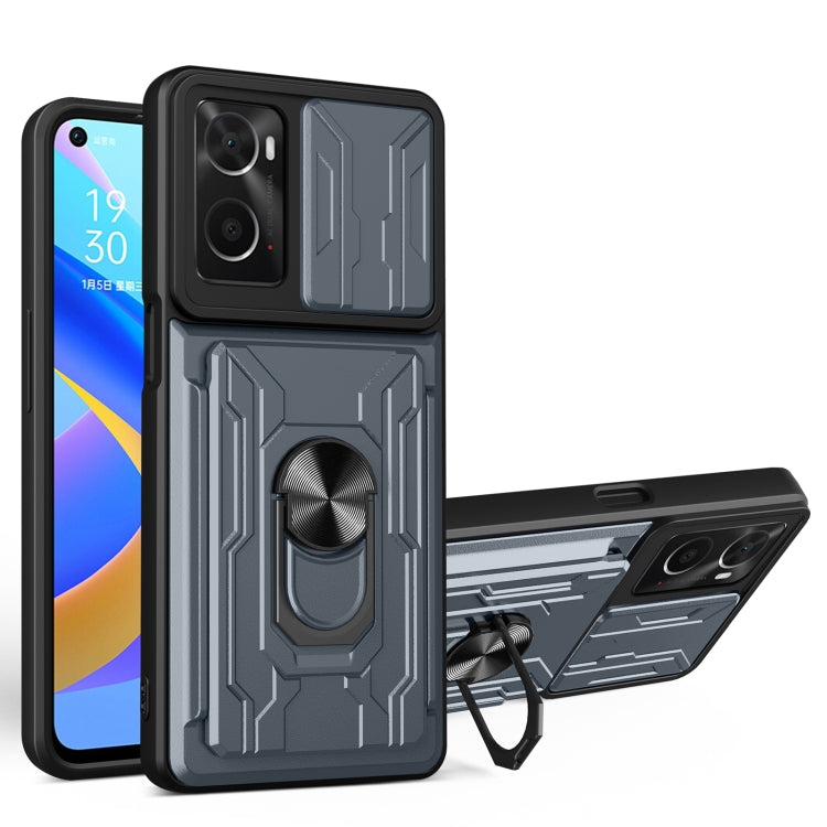 Gray sliding card phone case with armored pattern, circular grip, and kickstand