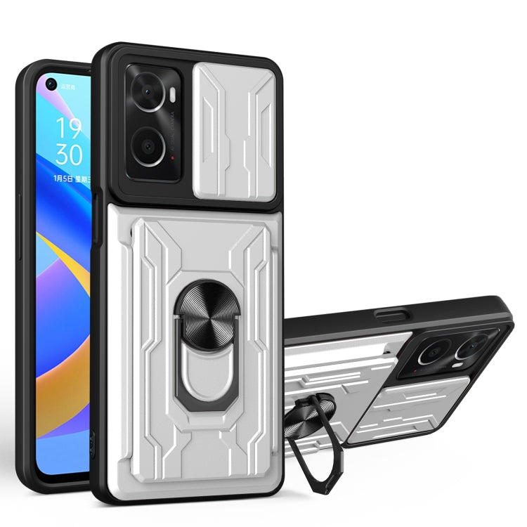 White sliding card phone case with armored pattern, circular grip, and kickstand