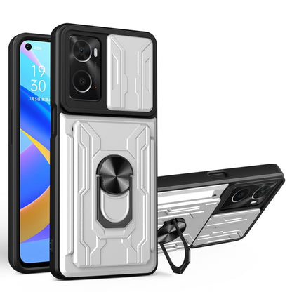 White sliding card phone case with armored pattern, circular grip, and kickstand