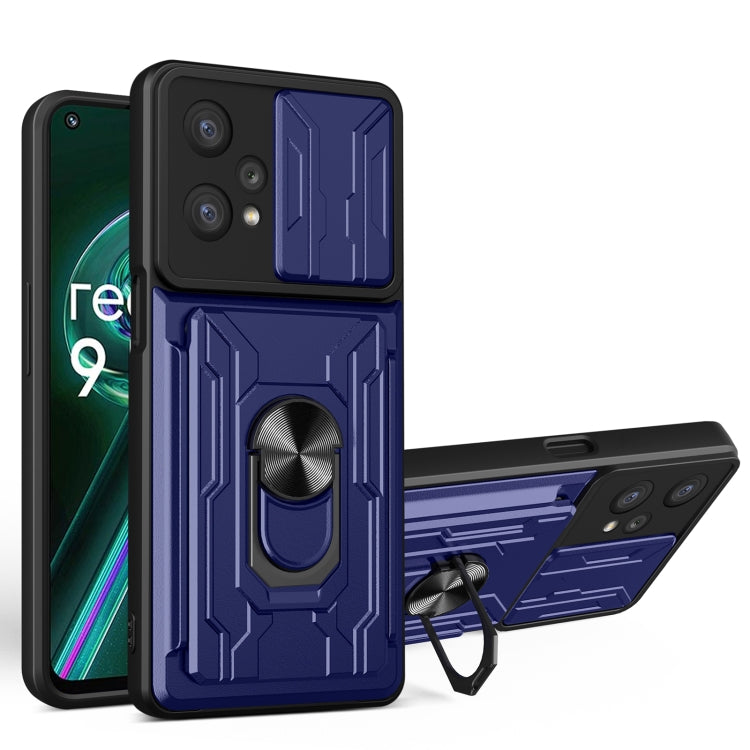 Blue sliding card phone case with armored pattern, circular grip, and kickstand