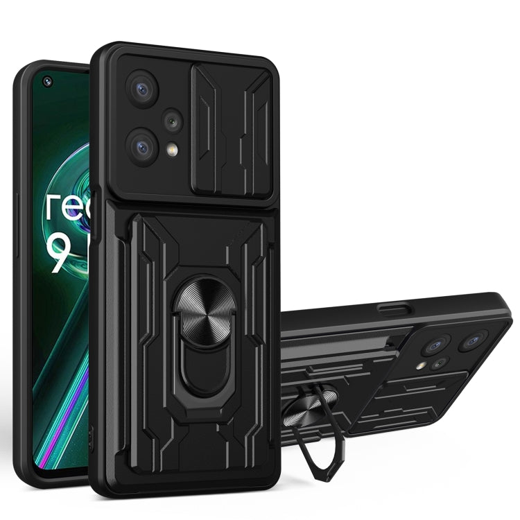 Black sliding card phone case with armored pattern, circular grip, and kickstand